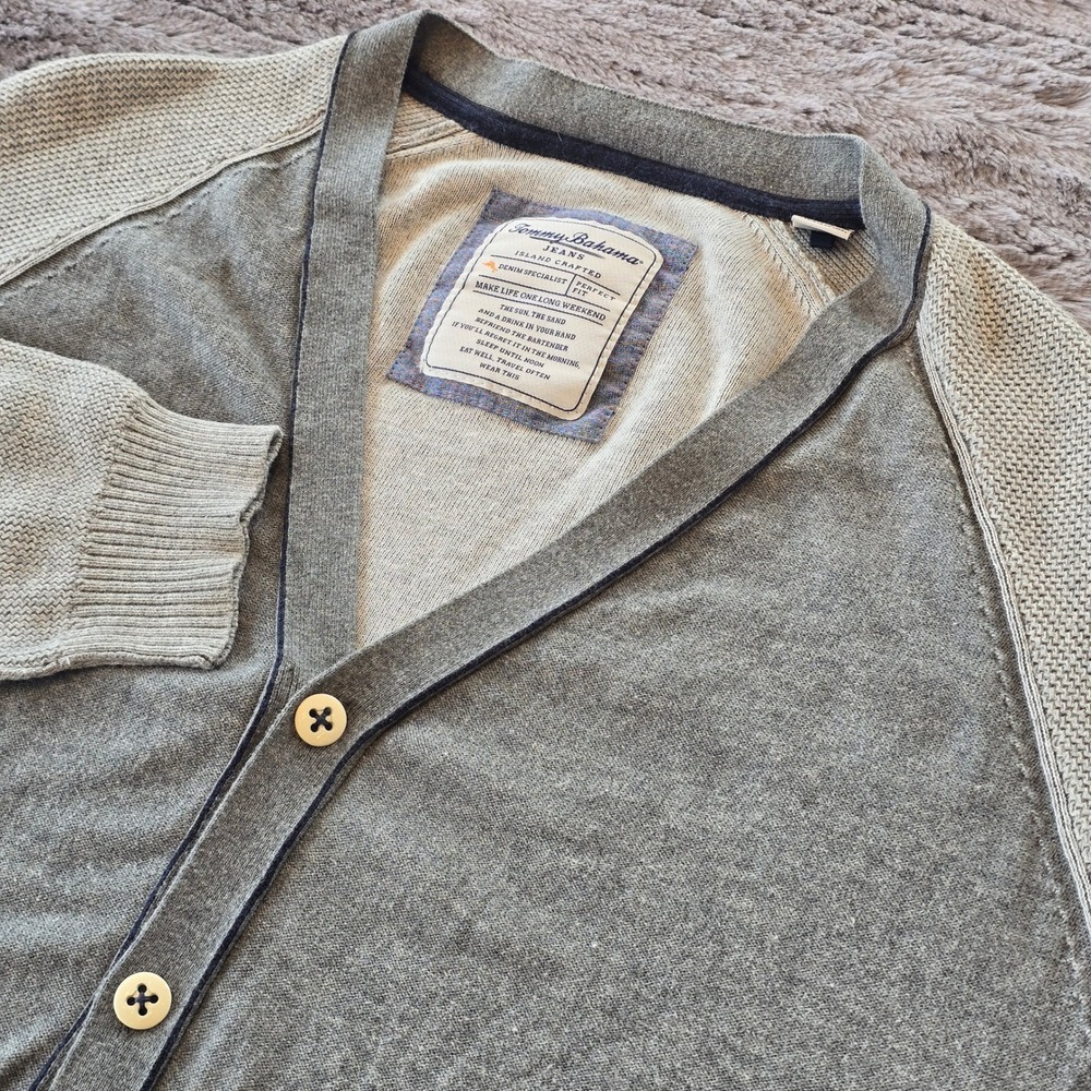 Tommy Bahama Jeans Mens Grey Two Tone Waffle Knit Raglan Cardigan Sweater Large